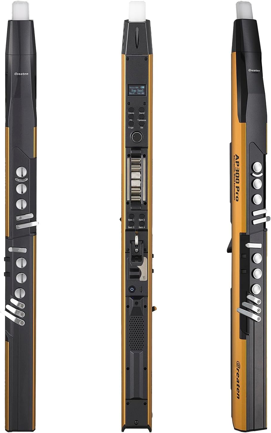 AP 300 Pro Electronic Wind Instrument with Bulit in OTG Recording and LCD Display Screen. 108 Global Tones Digital Saxophone with 6000Ah Battery and Bluetooth. (Golden)