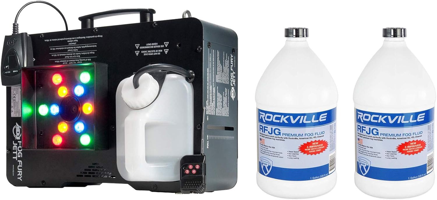American DJ Fog Fury Jett 700W Vertical Fog Machine w/12 LEDwithDMXwithWireless Remote Bundle with Rockville RFJG Gallon Fog/Smoke Juice Fluid For Chauvet American DJ ADJ Machines