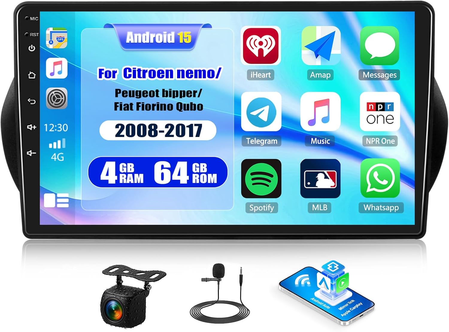 4G+64G Android Car Stereo for Citroen nemo/Peugeot bipper/Fiat Fiorino Qubo 2008-2017 Wireless CarPlay Android Auto Radio with 10.1'' Touch Screen Bluetooth DSP/GPS WiFi 32EQ+ AHD Backup Camera