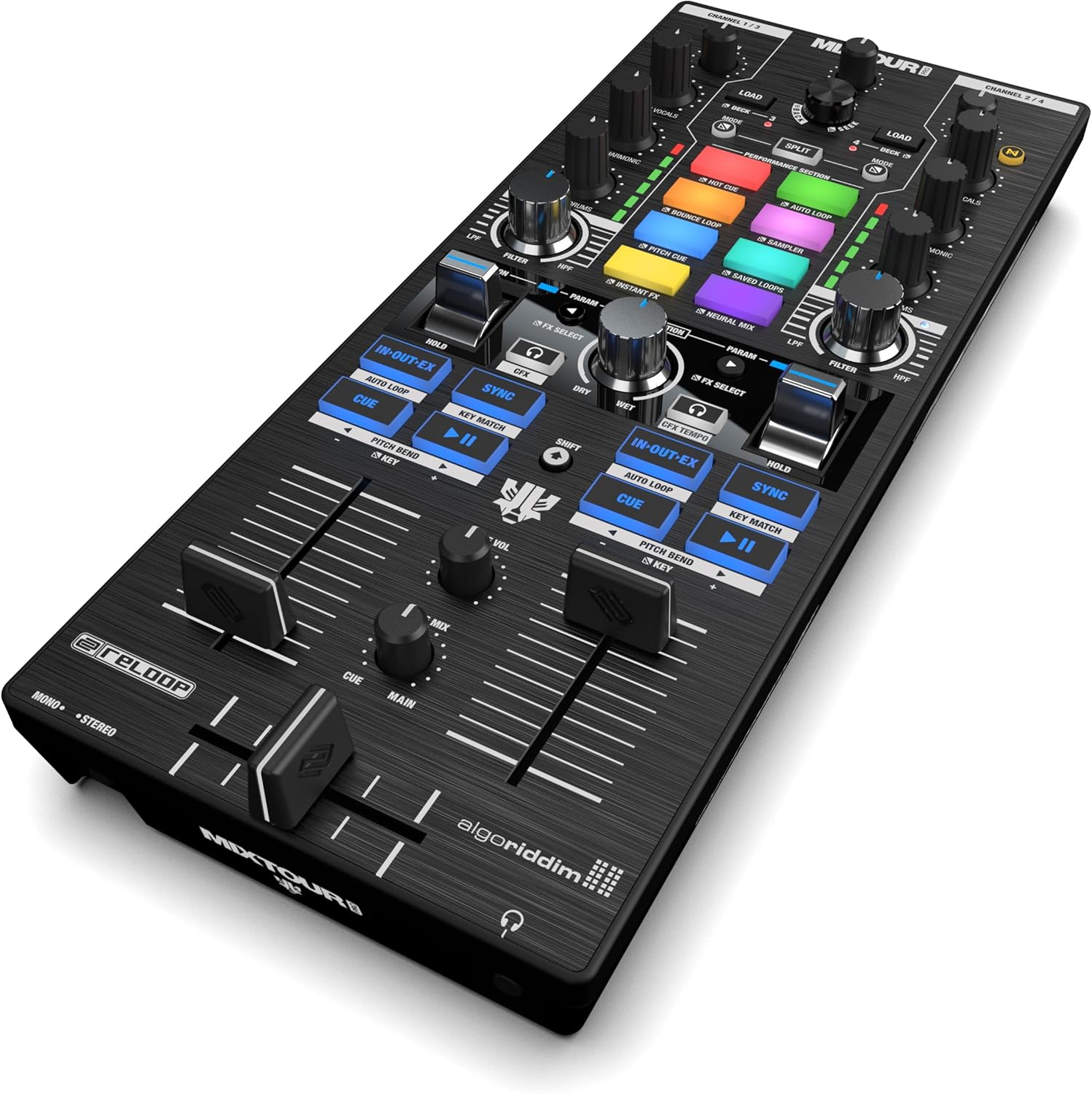 Reloop Mixtour Pro High-quality, ultra-portable, all-in-one four-deck DJ controller with audio interface