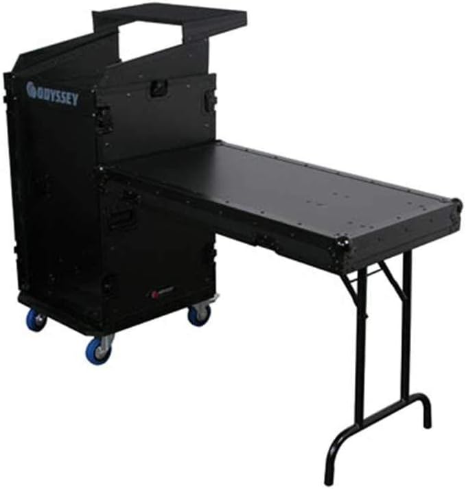 Deluxe Black 11U Top Slanted 16U Bottom Vertical Pro Combo Rack with Casters, Side Table, and Glide Platform