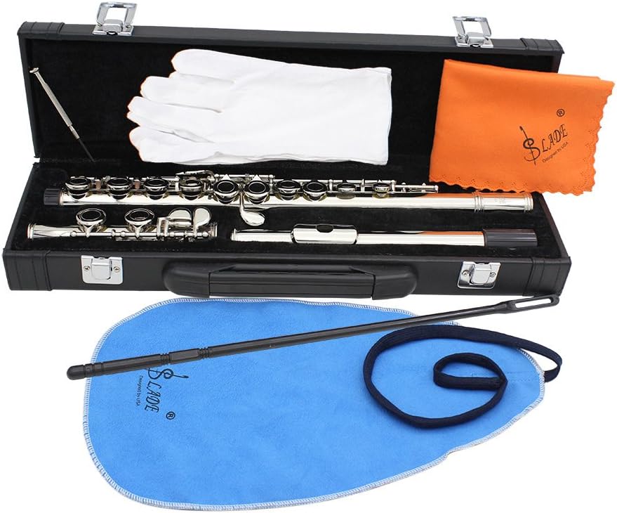 Western Concert Flute Cupronickel Nicke Plated 16 Holes C Key Woodwind Instrument with Cleaning Cloth Stick Gloves Mini Screwdriver Padded Case