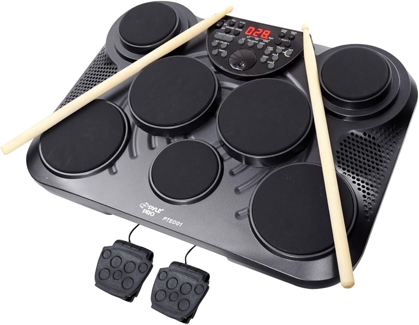 Pyle Electronic Tabletop Digital Drum Set, Compact Portable Drum Pad Kit w/ 8 Touch Sensitive Pads and Pedals, 600 Sounds, USB & Headphone Outputs, MIDI/AUX Inputs, 4x5” Drums & 4x3.5” Cymbals