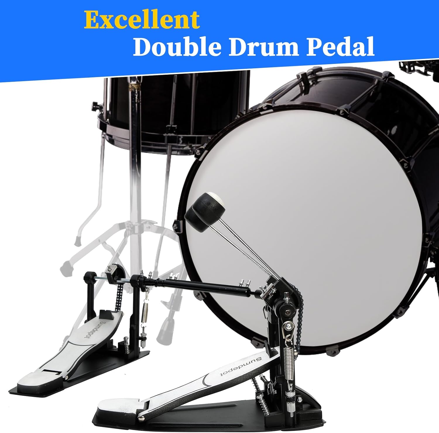 Double Bass drum Pedal,Double Bass Pedal with Adjustable Beater Head,Double Chain Drive Foot Kick Pedal with Drum Key for Drum Set and Electronic Drums (Silver, Double drum pedal)