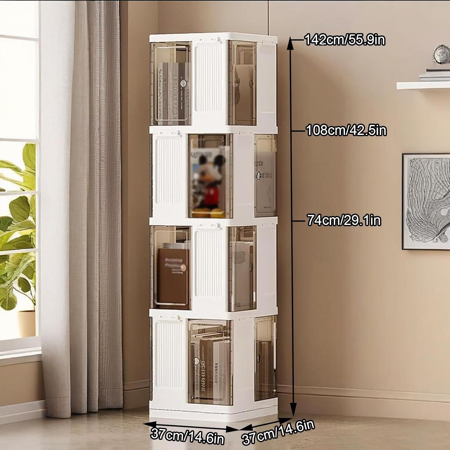 Square Rotating Bookshelf Tower, 360 Spinning Display Corner Bookcase, Modern 2/3/4-Tier Revolving Storage Shelf, Freestanding Organizer for Narrow Space(108cm/42.5in)