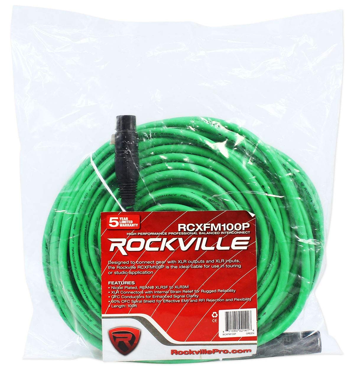 Rockville (8 RCXFM100P-G Green 100' Female to Male REAN XLR Mic/Speaker Cable