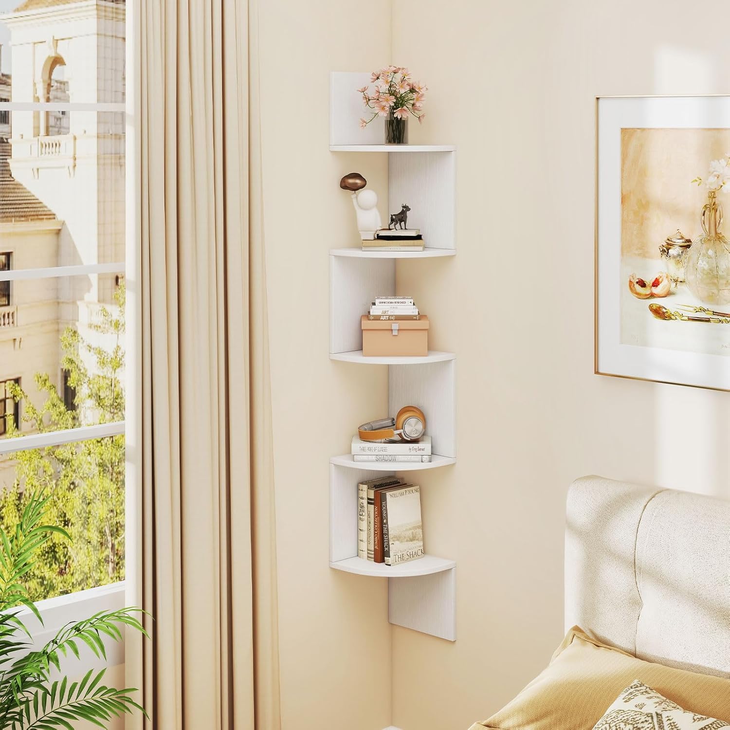 GOFLAME Corner Shelf Wall Mounted Set of 2, 5-Tier Floating Corner Bookshelf, Wood Plant Stand, Modern Floating Display Rack for Living Room, Bedroom, Study, Home Office, White