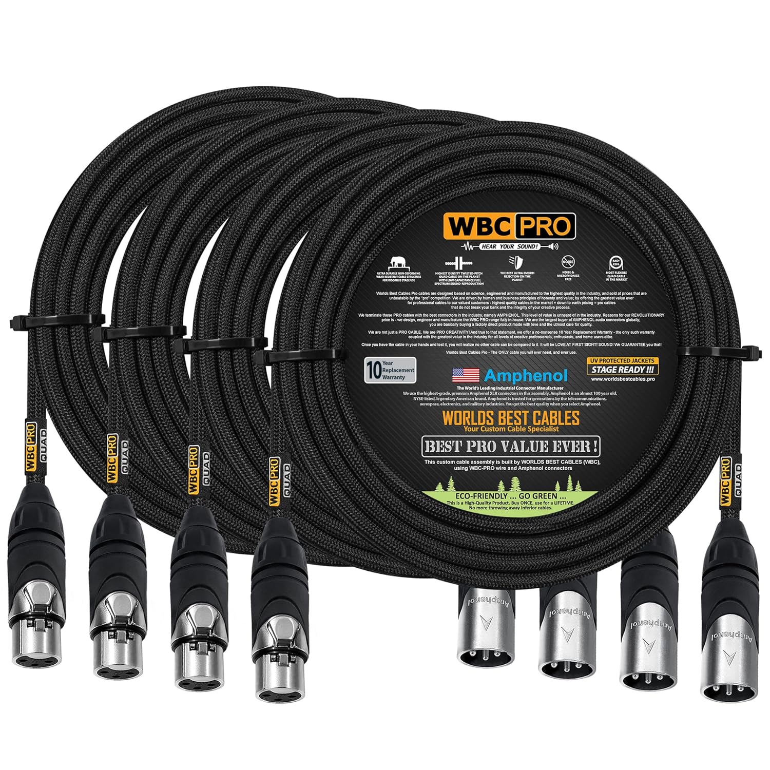4 Units - 20 Foot - WBC-PRO-Quad Ultra-Silent Ultra-Flexible Balanced Star-Quad Cable with Amphenol Male & Female XLR Plugs & Black Tweed Jacket