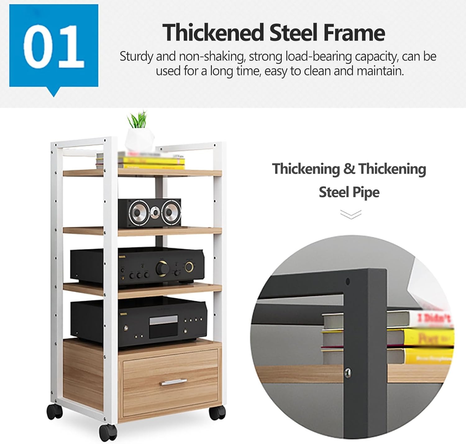 Av Media Stand Corner Shelf - Rack Audio Tower with Adjustable Shelves - 79 100 120Cm Tall Shelf Stand with Wheels - Audio Equipment Rolling Cart Rack Portable for Home,5Tiers-120cm Tall