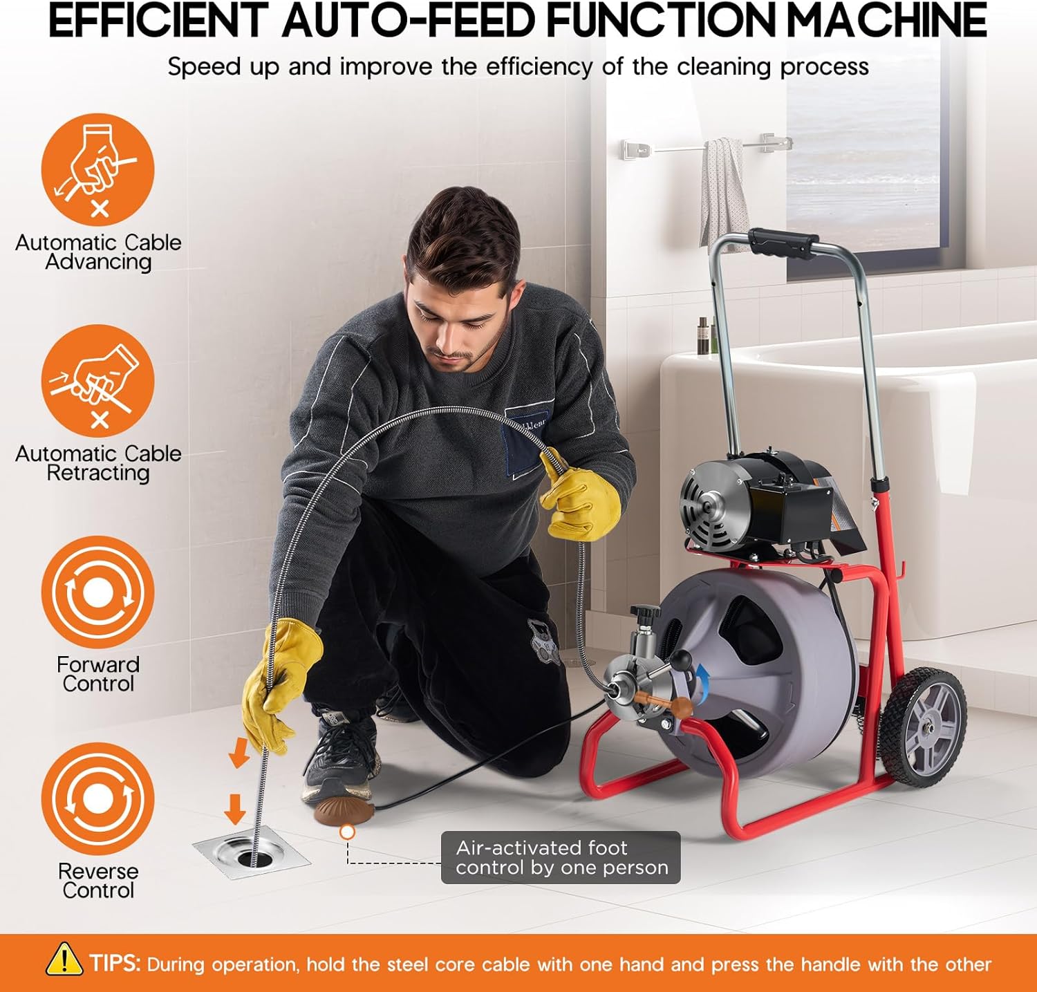 Albott 75 FT x 3/8 inch Electric Drain Cleaner Machine with Auto-Feed & 9 Cutters, Sewer Snake Auger for 1–4 Inch Pipes, Foot Switch & Wheels, Ideal for Home & Commercial Use, Grey/Red