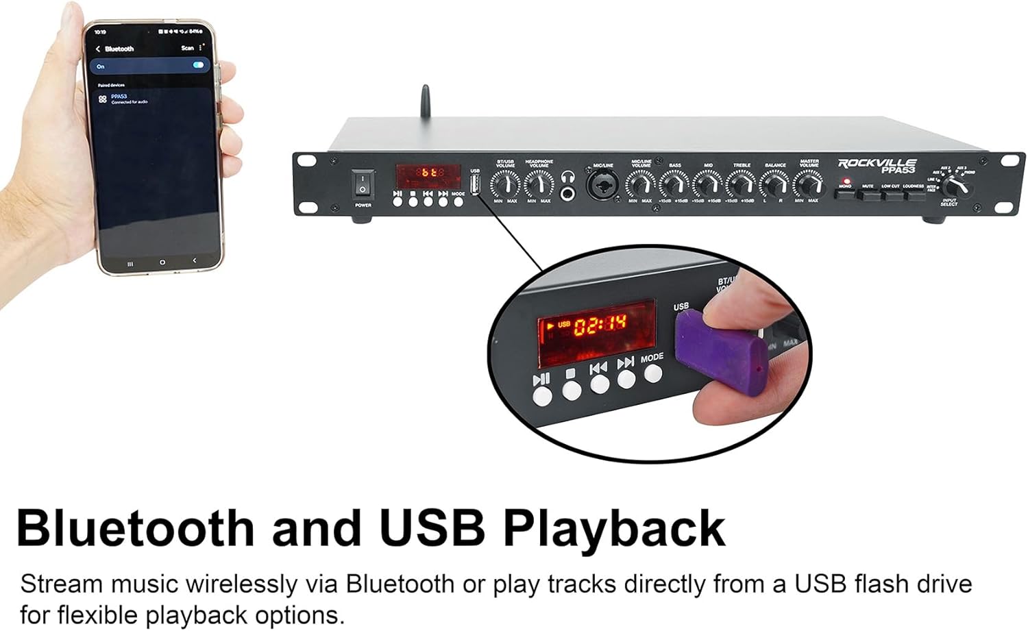 Rockville PPA53 Preamp Pro 1U Preamplifier w/Bluetooth, USB/Computer Interface, Multi-Input, High-Fidelity Audio, for Home Studio Recording & Live Sound