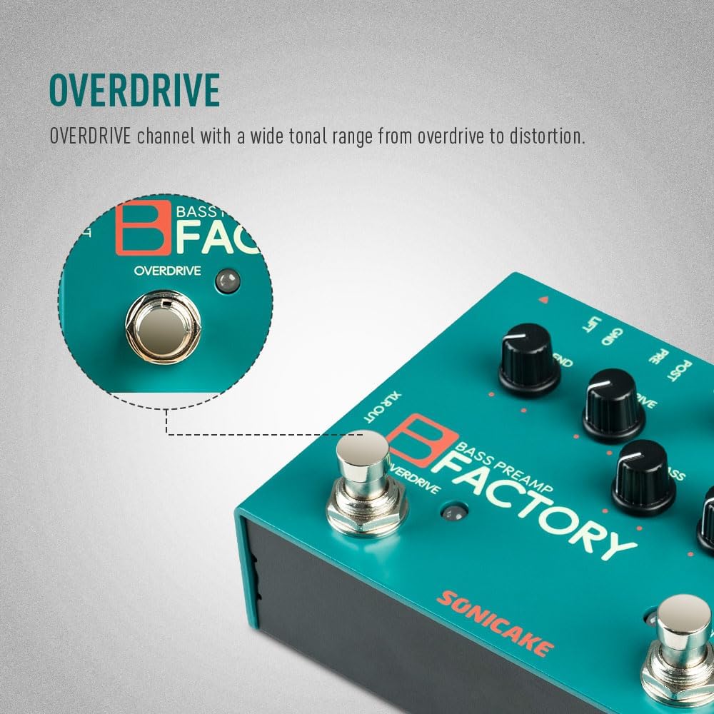 SONICAKE Bass Pedal with Overdrive Analog Preamp Compression Effects Pedal and 3-Band EQ Via Pre/Post Selection with XLR Output - B Factory