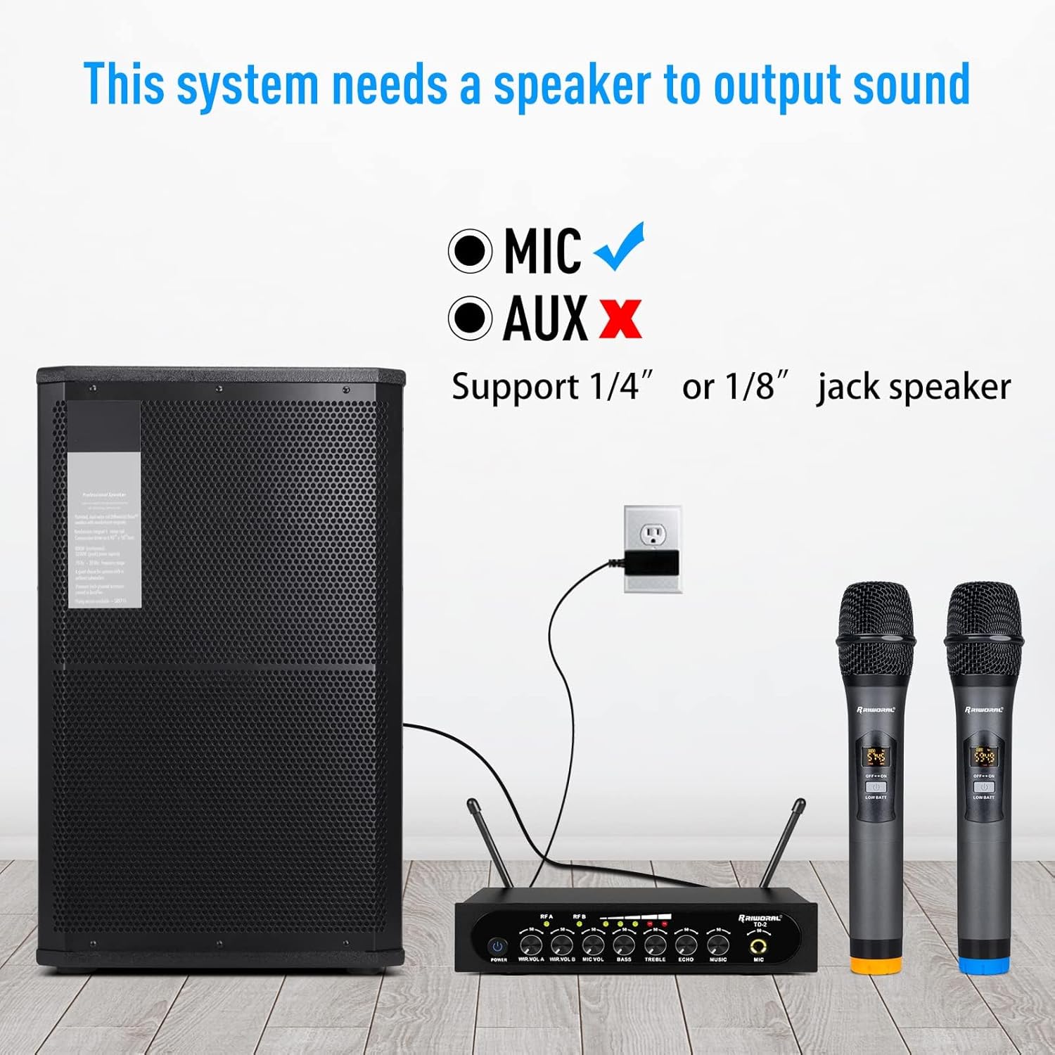 Wireless Microphone System Cordless Dynamic Mic UHF Dual Channel Wireless Handheld Microphone with Echo Bluetooth Volume Control for Karaoke Singing Church for Amplifier Speaker Mixer