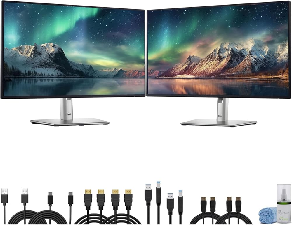 Dell P2225H 22″ Full HD (1920×1080) IPS LED 100Hz Monitors (2X) Dual Screen Setup, Comfortview Plus, Ultra-Slim Bezel + 2 × USB-C Cables + Cleaning Kit