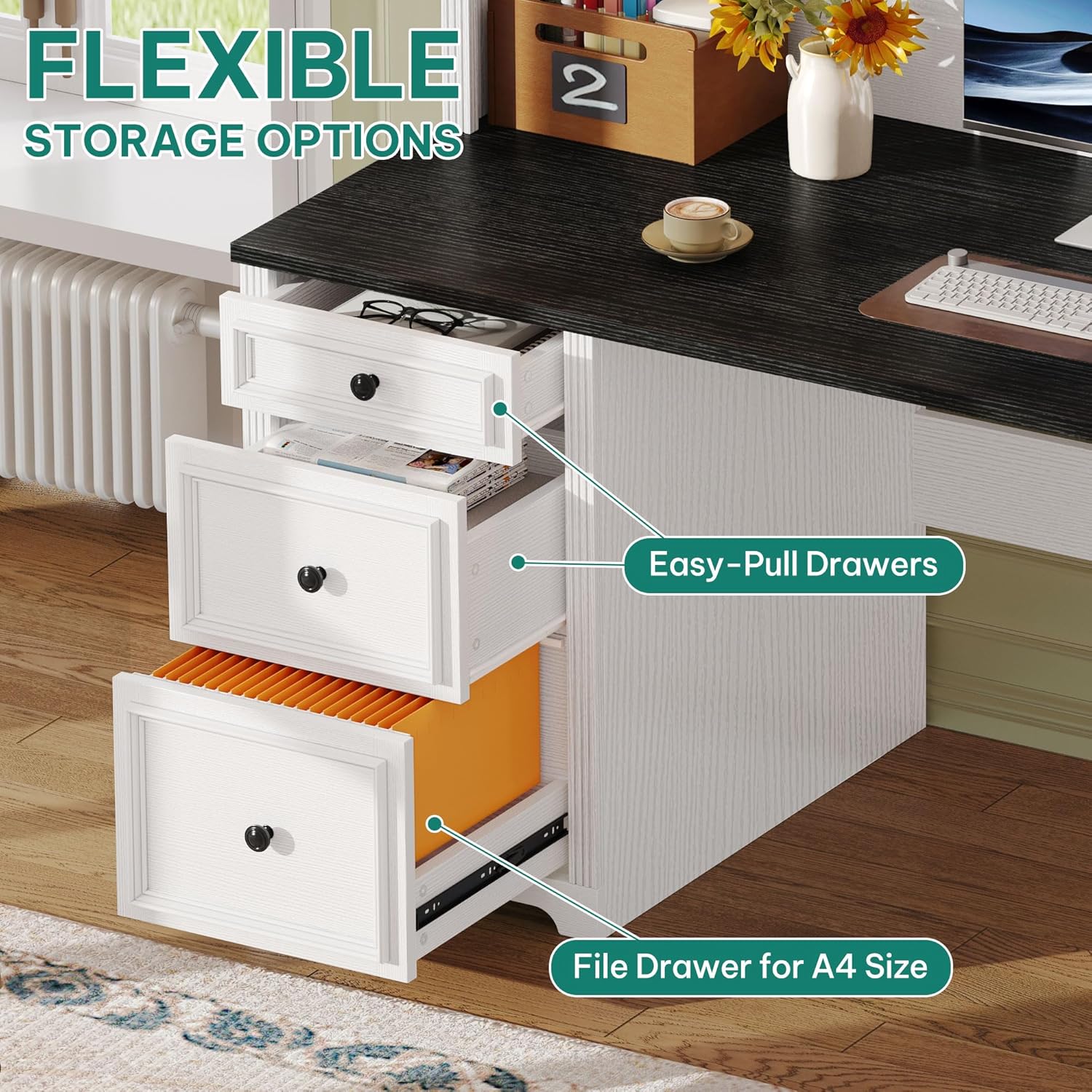 YITAHOME Executive Desk with Hutch and Drawers, Farmhouse Computer Desk with Power Outlet & LED Lights, Home Office Desks with Storage Shelves, Storage Cabinet with Glass Door, White & Black