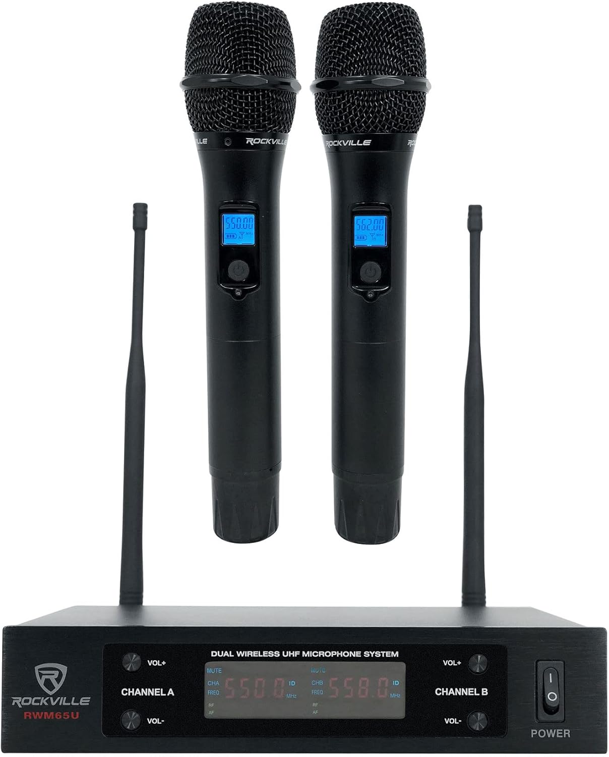 Rockville RWM-200 H2 Dual Handheld UHF Microphone System, 200 Channels, 3-Band EQ, Echo Control, RF Power Adjustment, for Karaoke, Live Performances, Presentations