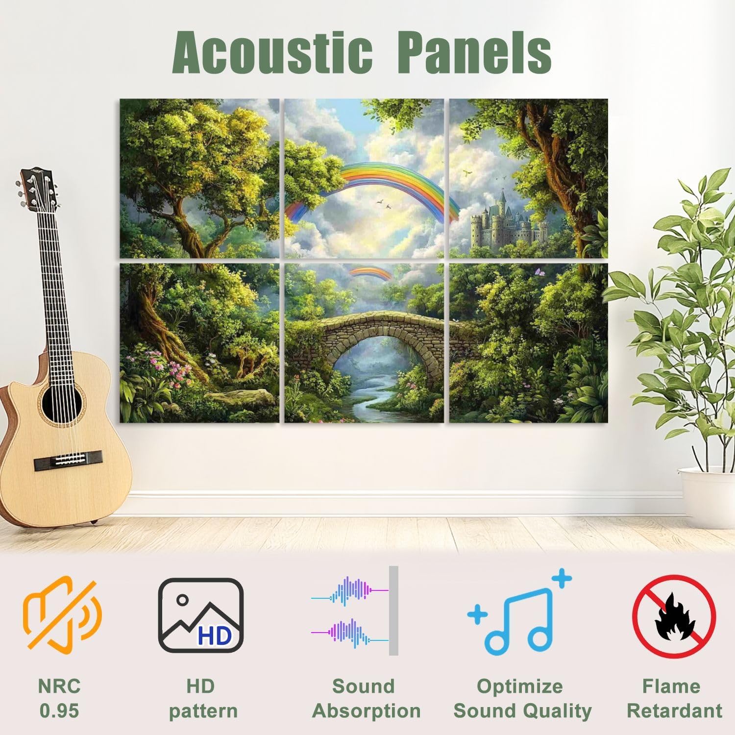 6 Pack Art Acoustic Panels Sound Absorbing Castle Stone Bridge Colorful Rainbow Dense Forest Vivid Colors Nature Decorative Soundproof Wall Panels Self Adhesive for Recording Studios Office 72