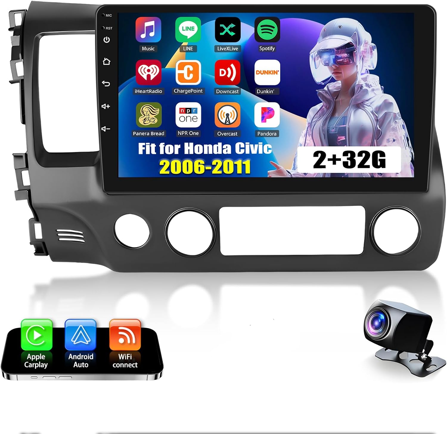 Android 13 Car Stereo Compatible with Honda Civic 2006-2011 Radio Upgrade 10 Inch Touch Screen with Wireless Carplay Android Auto Backup Camera Mirror Link GPS SWC WiFi FM
