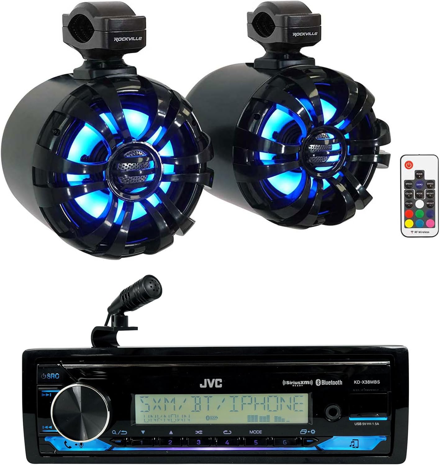 Audiosavings Bundle: JVC KD-X38MBS 1-Din Car/Marine/UTV/Motorcycle Stereo Receiver w/Bluetooth/USB Bundle with Pair Rockville WB65KLED 6.5