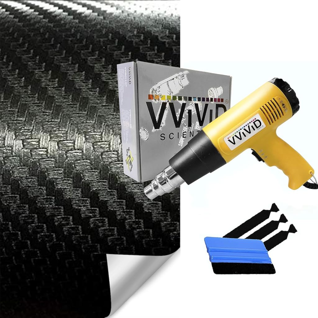 VViViD XPO Black Carbon Fiber (25ft x 5ft) Car Wrap and Yellow Heat Gun, 3M Toolkit Bundle - M0
