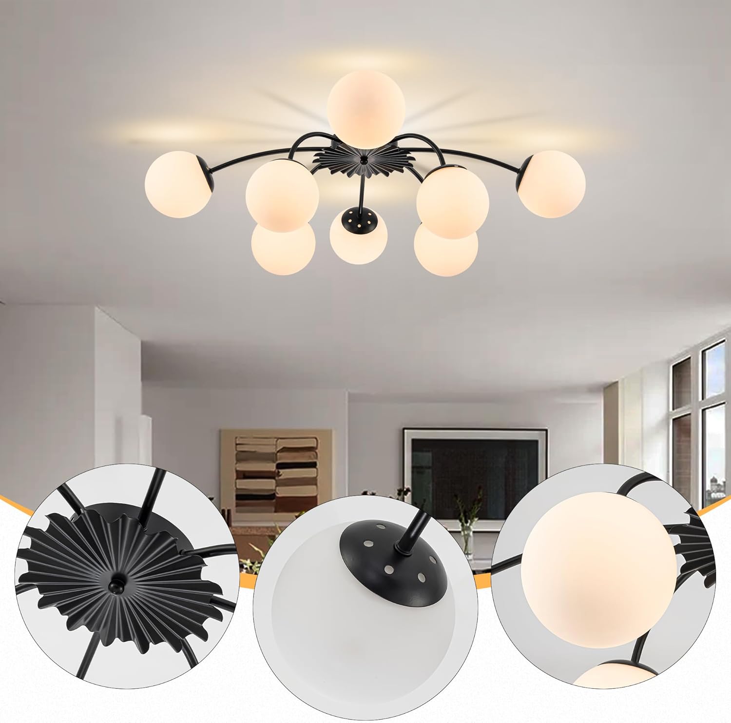 8-Light Mid Century Sputnik Semi Flush Mount Ceiling Lights Black, 32.9 in. Milk Glass Globe Light Blossom Accent Glass Bubble Chandeliers Light Fixture for Dining Bedroom Living Entry
