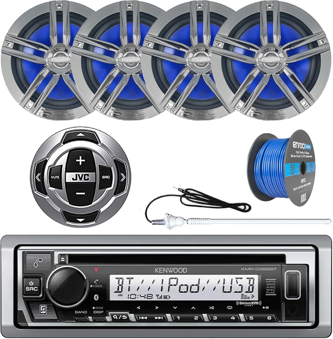 Kenwood in-Dash Single DIN Bluetooth Marine USB/AUX CD Player Receiver with Wired Remote Control, 4X Enrock 6.5