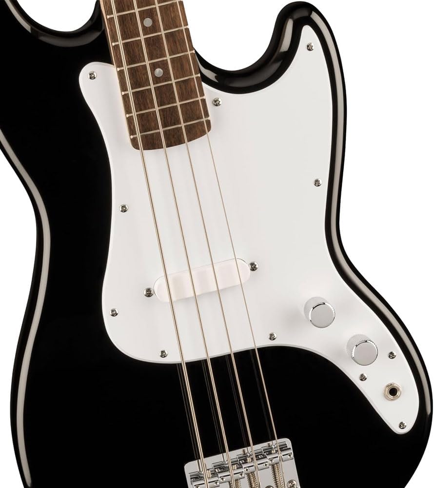 Fender 0373800506 Sonic Bronco Bass Laurel Fingerboard White Pickguard Black Bundle with Fender Logo Guitar Strap Black, 12-Pack Celluloid Picks, and Straight/Angle Instrument Cable