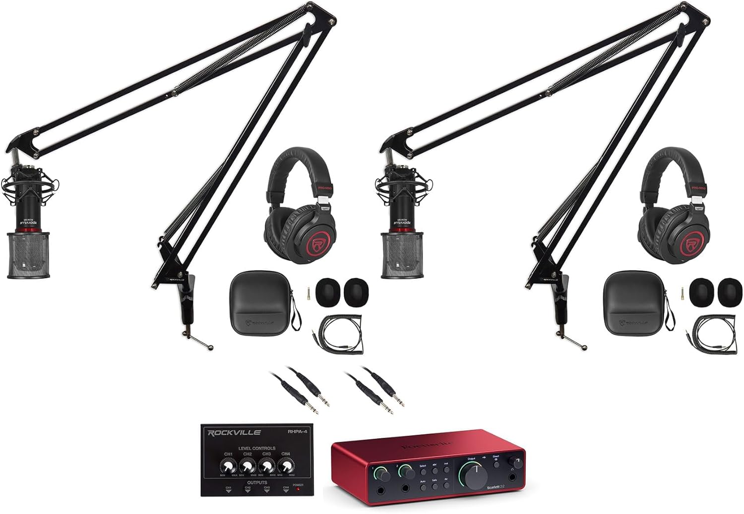 Audiosavings Bundle: Focusrite Scarlett 2i2 4th Gen USB Audio Interface+Rockville RHPA4 Amp+RCTR106B 6' Cable+(2) RCM SR Condenser Microphone+(2) PRO-M50 SR Headphones+(2) DMS40 40