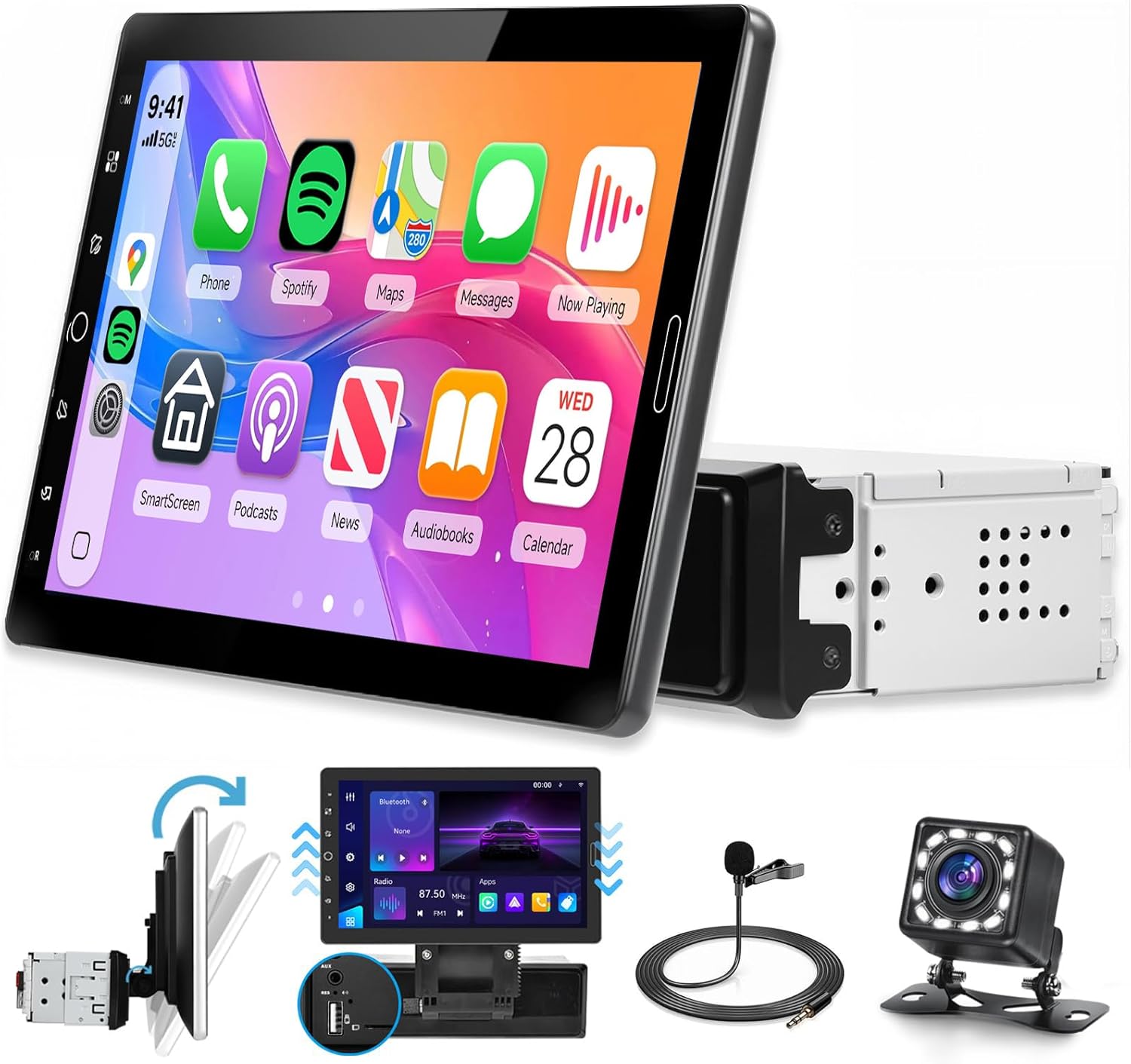 Rimoody 10.1 inch Single Din Car Stereo Wireless CarPlay Android Auto, Car Radio with Bluetooth 5.2, FM/AM/RDS, IPS Touch Screen, Car Audio Receiver Backup Camera, Mirror Link, EQ/USB,/AUX/SWC/MIC