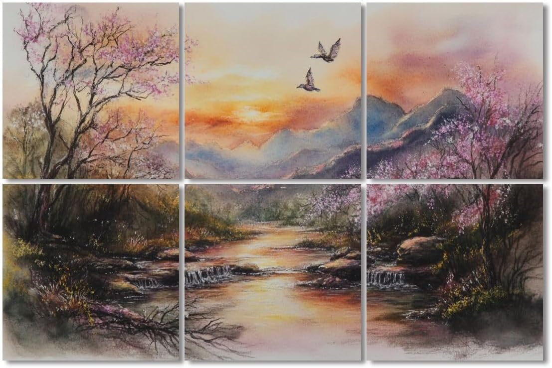 6 Pack Art Acoustic Panels Sound Absorbing Cherry Blossom Trees Mountains Birds Sunset Sky Watercolor Technique Decorative Soundproof Wall Panels Self Adhesive for Recording Studios Office 72