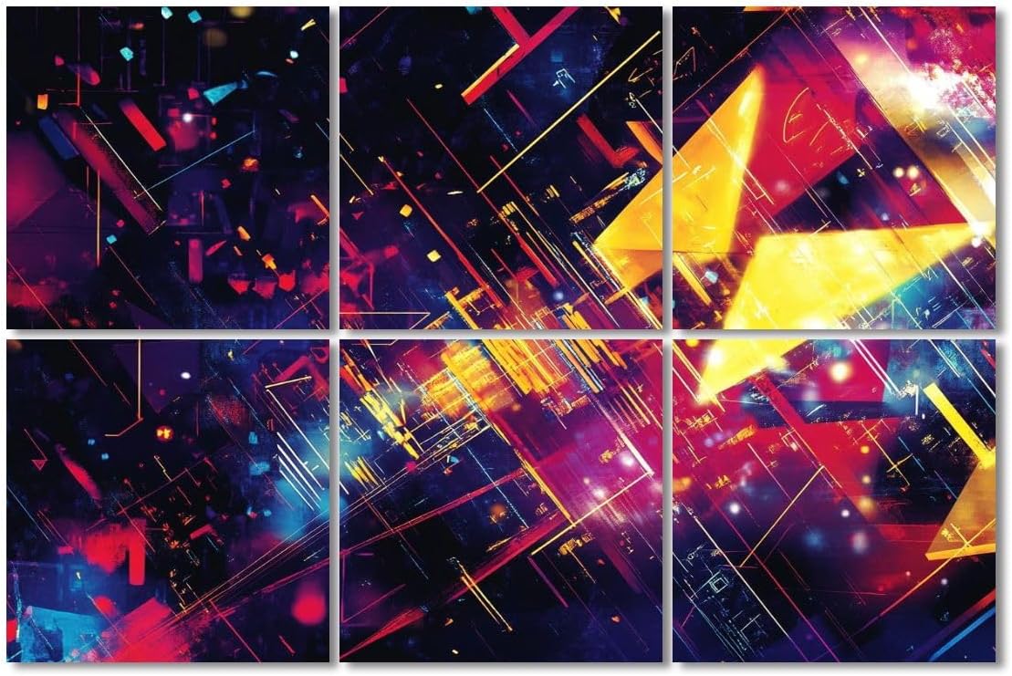 6 Pack Art Acoustic Panels Sound Absorbing Math Tv Triangles Bright Yellow Electric Blue Dynamic Lines Neon Art Decorative Soundproof Wall Panels Self Adhesive for Recording Studios Office 72