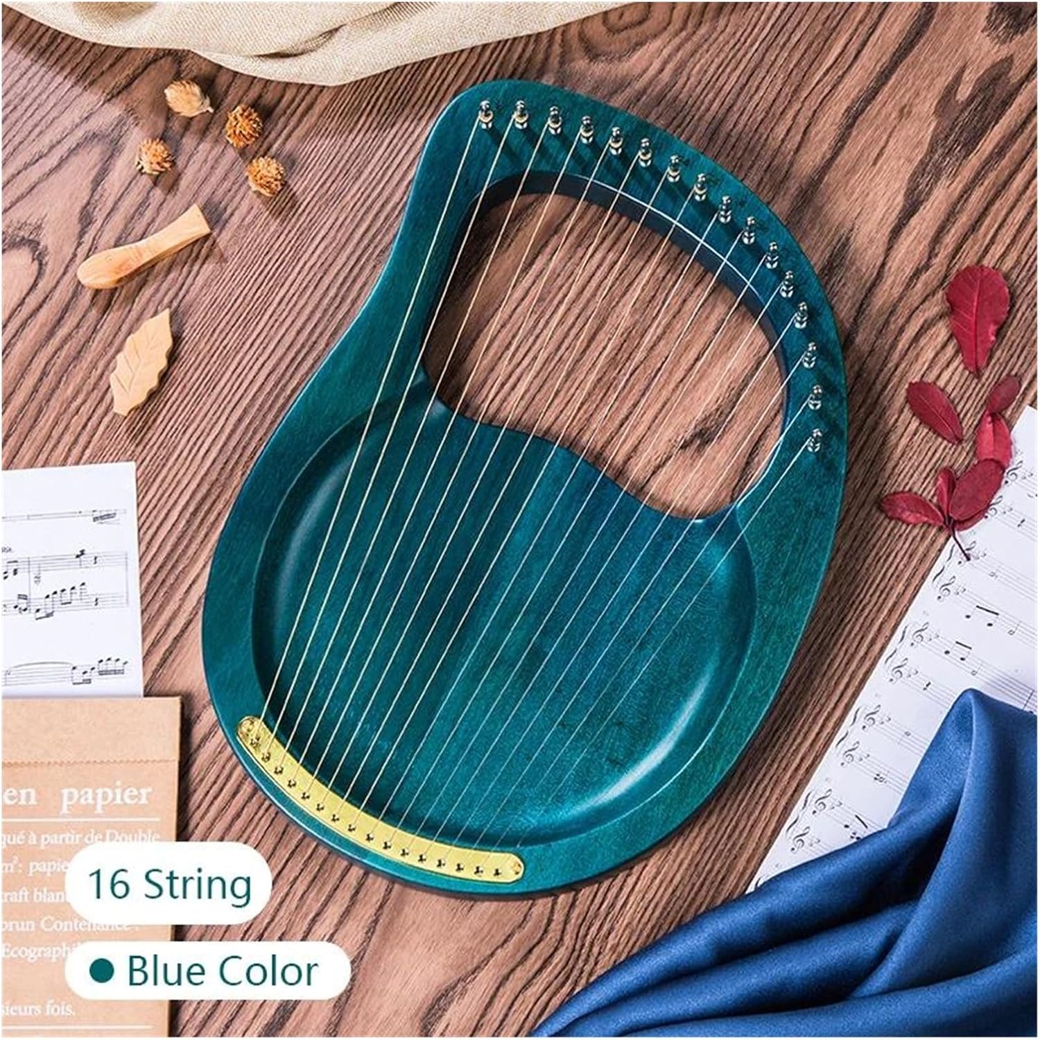 Lyre Harp Set Blue Color Lyre Harp 16 Strings Piano Musical Instrument Wooden Mahogany With Pretty Print And Tuning Wrench Black Bag(16 No pattern)