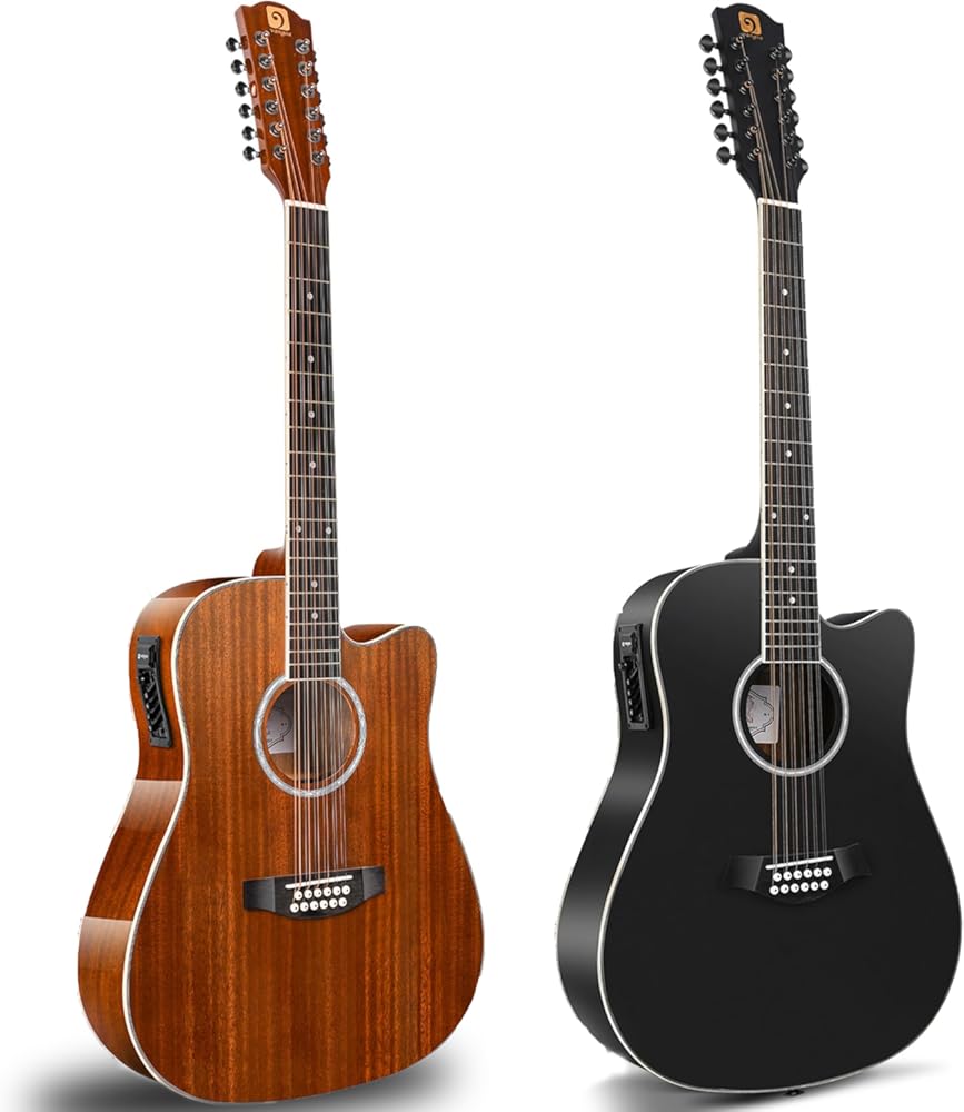 Vangoa 12 String Guitar, Twelve String Guitar Acoustic Electric Cutaway Guitarr Bundle, Black and Brown