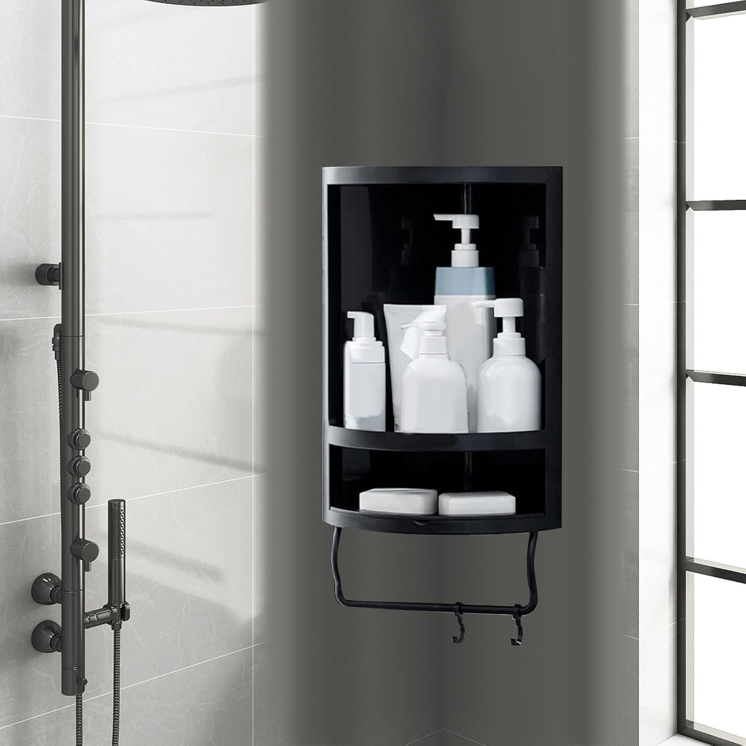 Corner Shower Rack Wall Mount Float Shelves Easy to Install Shower Corner Stand Float Shelves Storage for Toilet Hotels, White(Black)