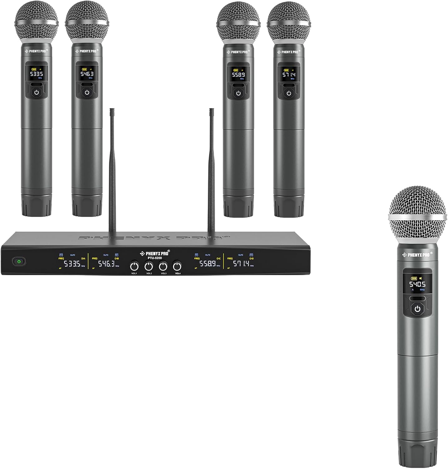 Phenyx Pro 4 Cordless Wireless Microphone System PTU-5200-4H Bundle with UHF Handheld Microphone