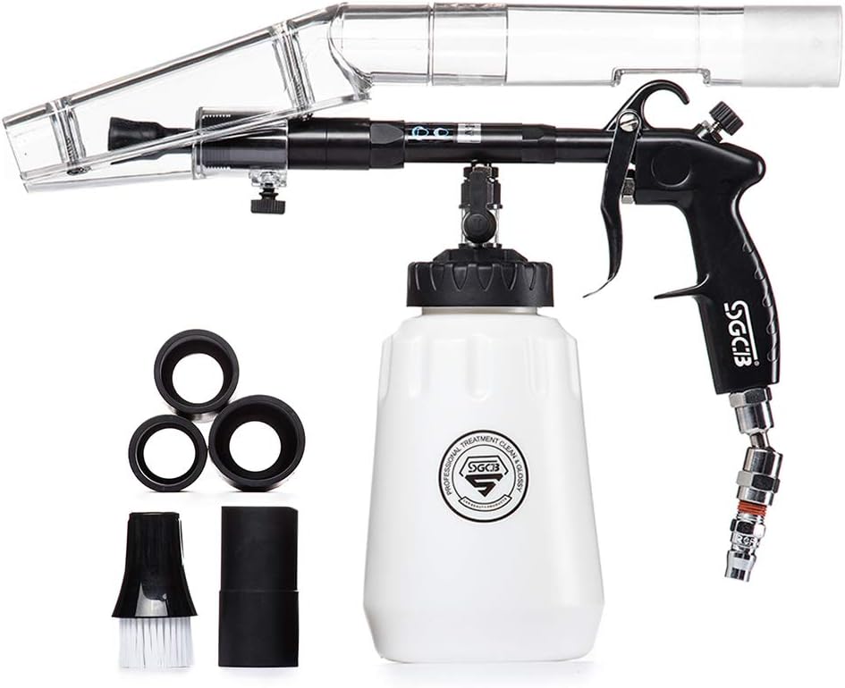 SGCB Pro High Velocity Vac Auto Interior Cleaning Brush Gun with Suction Hood, Adjustable Car Cleaning Air Duster Gun Water Spray Air Wash Cleaning Gun Tool w/Brush Nozzle & 4 Rubber Hose Connector