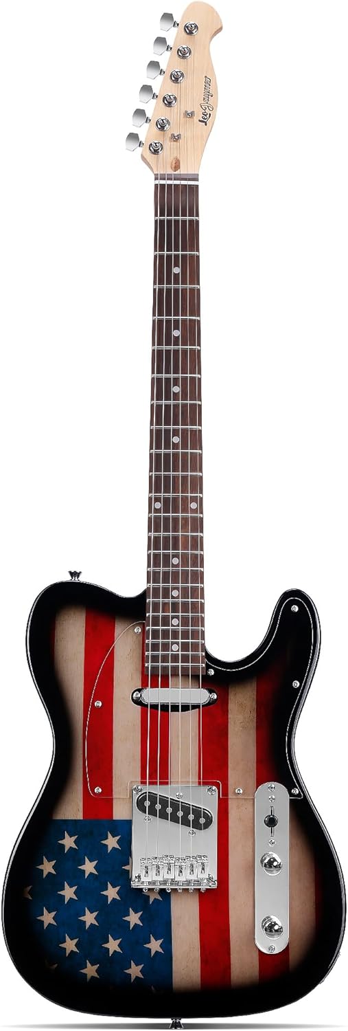 Leo Jaymz TL Style Electric Guitar with US Flag Design - High Gloss Mahogany Body and Hard Maple Neck - High Transparent Acrylic Pickguard (US Flag)