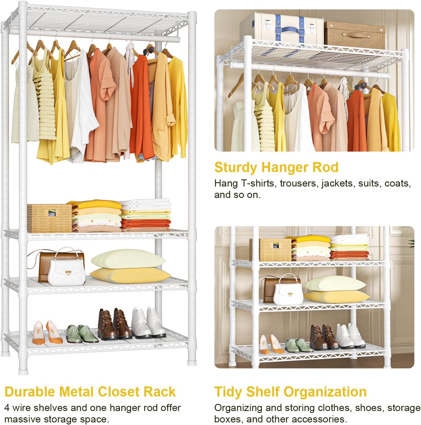 Ulif H2 Heavy-Duty Portable Closets, 4-Tier Freestanding Garment Rack Suit for Small Space and Corner, Closet Organizer System Portable Closet Wardrobe, Max Load 500 LBS, White