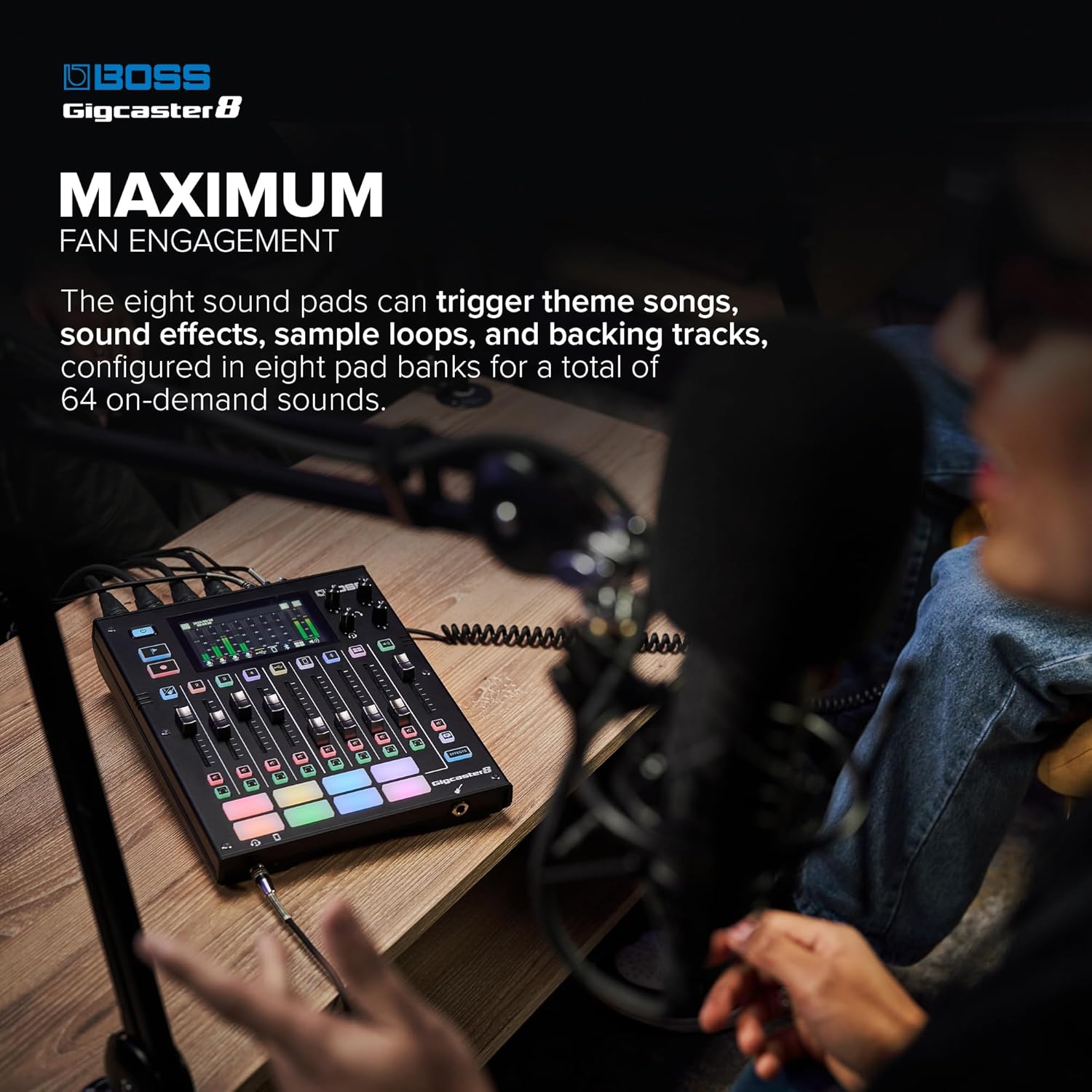 BOSS Gigcaster 8 | 8-Channel Audio Streaming Mixer with Direct Guitar/Bass Input | 4 XLR/TRS Combo Inputs | Built-In Stereo Mic | 8 SFX Pads | 20x14 USB Audio Interface | Onboard Recording