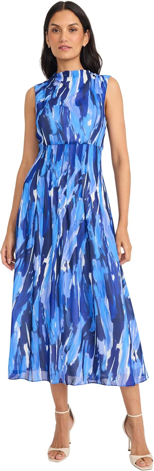 Maggy London Womens Women's Empire Waist Mock Neck Sleeveless Midi - Flowy Semi Sheer Lined A-line Wedding Guest Dress