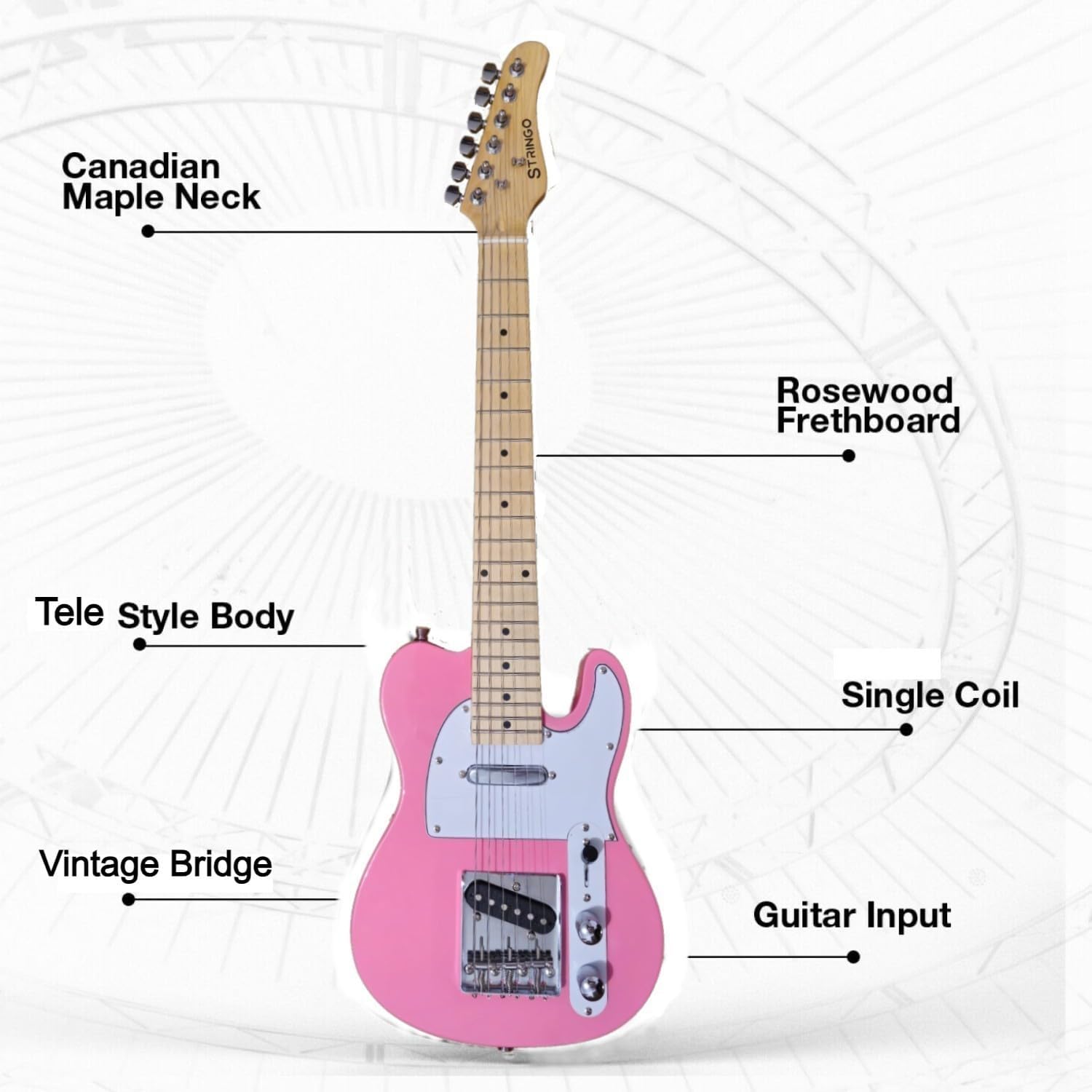 Pink 30 Inch Kids Electric Guitar Beginner Kit, Tele Style,Set Includes, 20W Amplifier 3 Picks, Shoulder Strap, Tuner, Bag Case