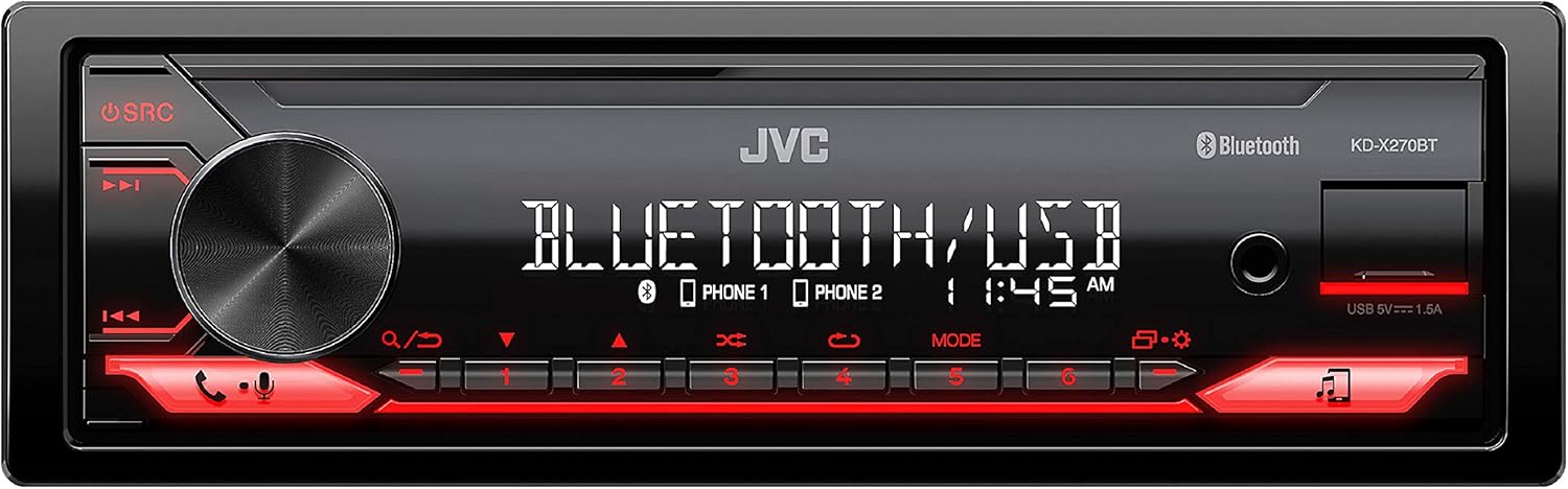 JVC KD-X270BT Bluetooth Car Stereo w/USB Port – AM/FM Radio, MP3 Player, High Contrast LCD, 50 Watts, Detachable Face Plate – Single DIN – 13-Band EQ