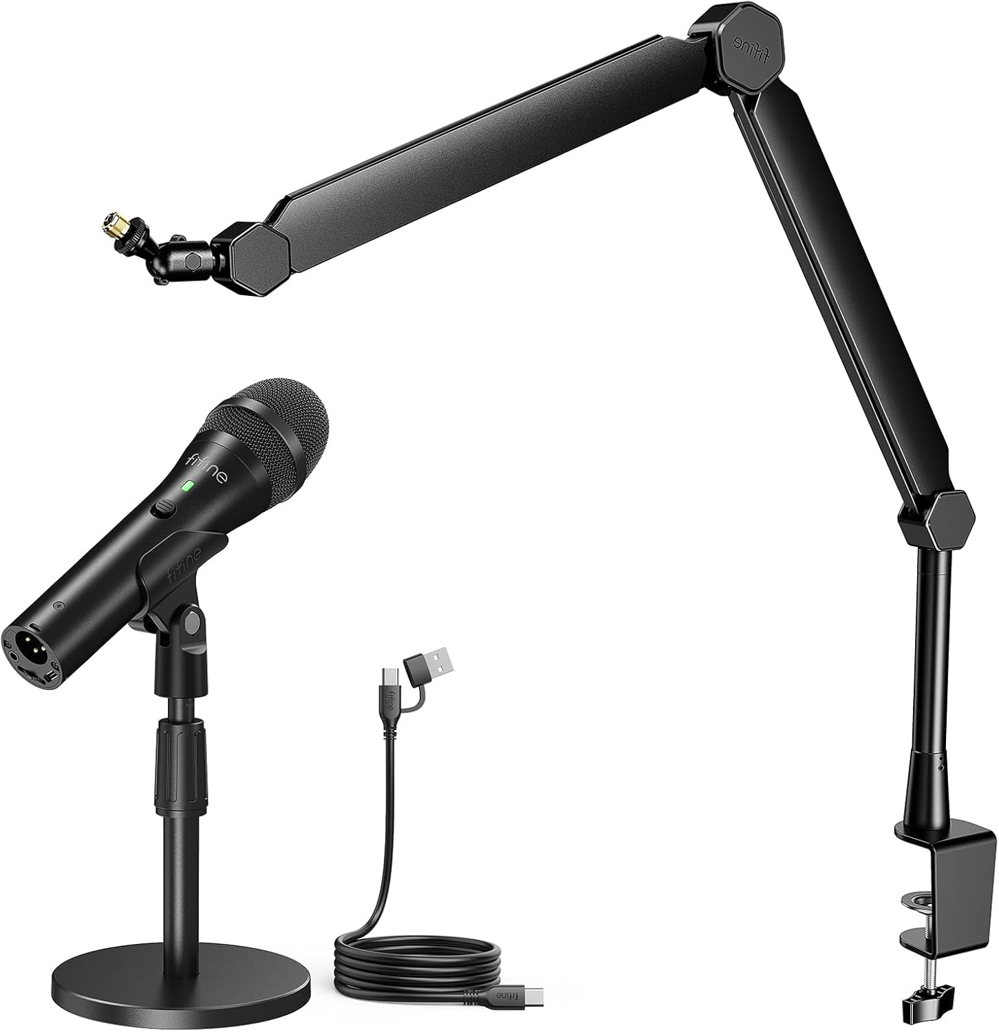 FIFINE XLR Dynamic Mic and Microphone Boom Arm Bundle, USB Studio Handheld Mic with Headphones Jack, Volume Slider, Metal Arm Stand with Extension Tube, Desk Clamp for Vocal Recording (Tank2+BM66T)