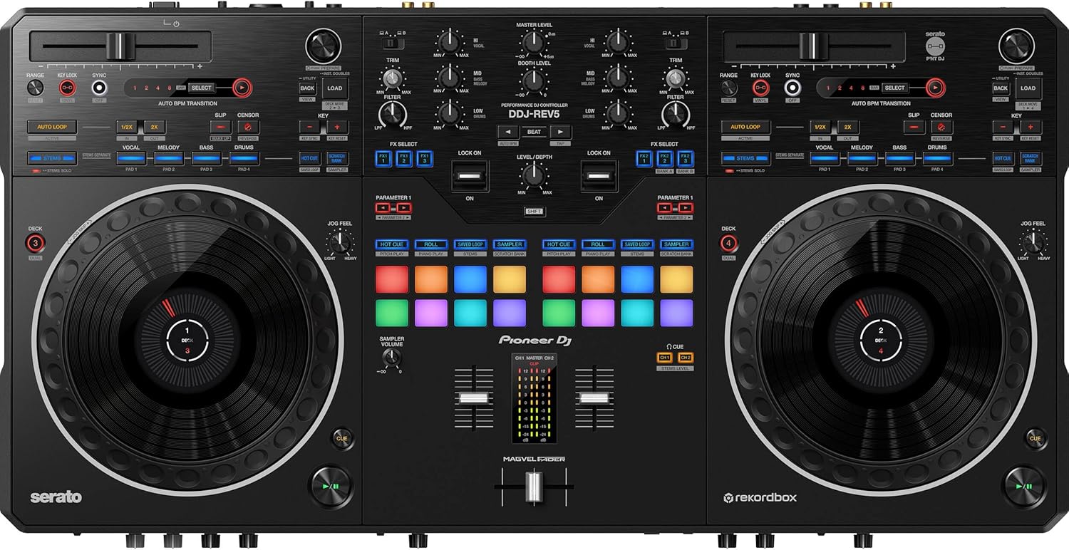 Pioneer DDJ-REV5 4-deck DJ Controller with Headliner HL10017 Flight Case for DDJ-REV5 with Laptop Platform