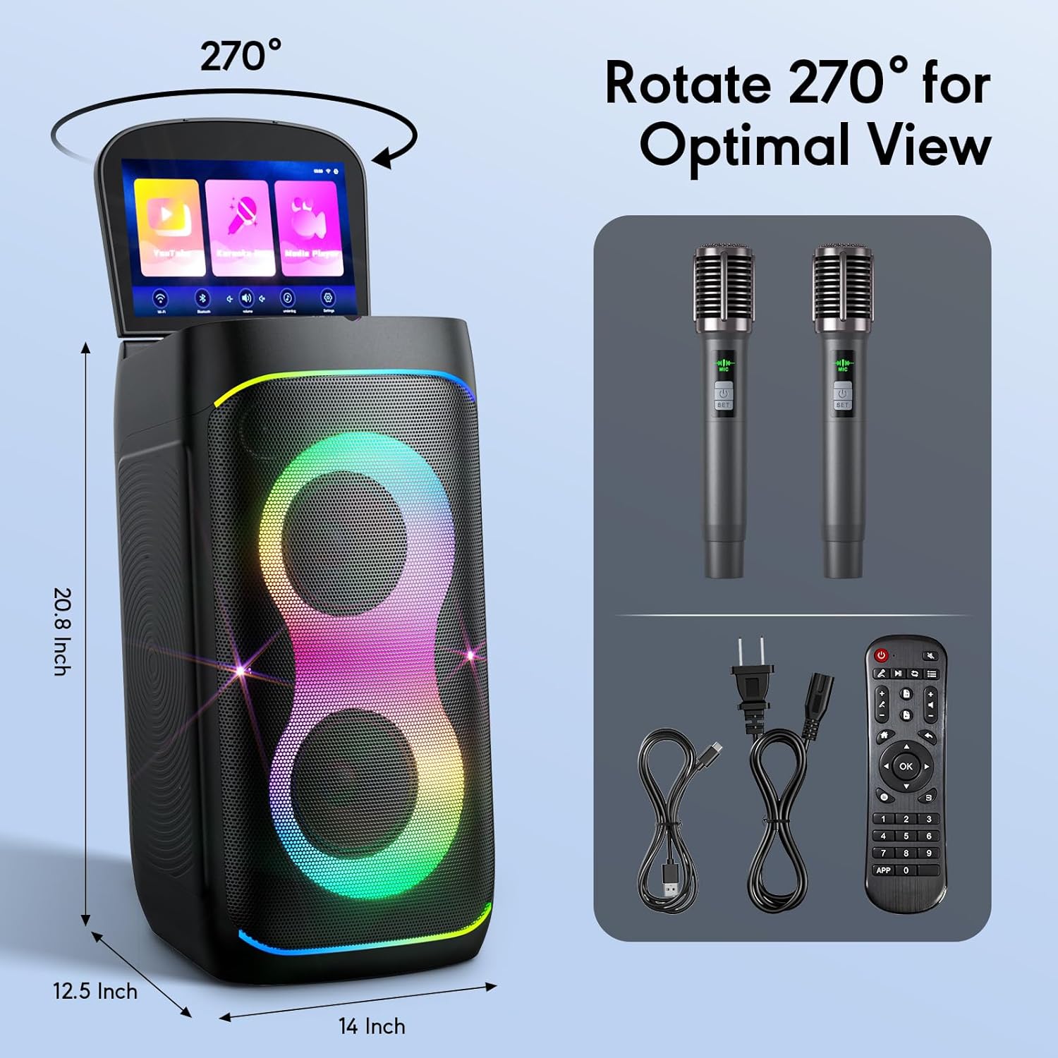 Smart Karaoke Machine with 10.1 Inch Screen, with Lyrics Display, Build-in Karaoke APP, 300W Powerful Speaker, 2 Wireless Microphones, for Family or Friend Party (X1)