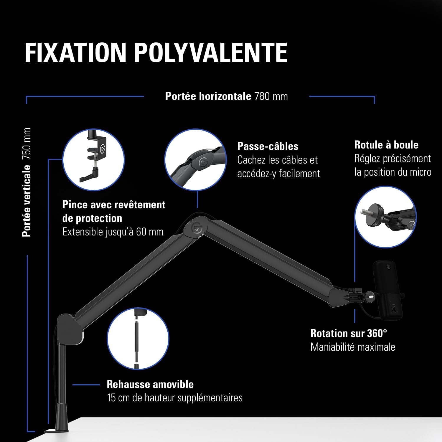 Elgato Wave Mic Arm - Premium Broadcasting Boom Arm with Cable Management Channels, Desk Clamp, 1/4