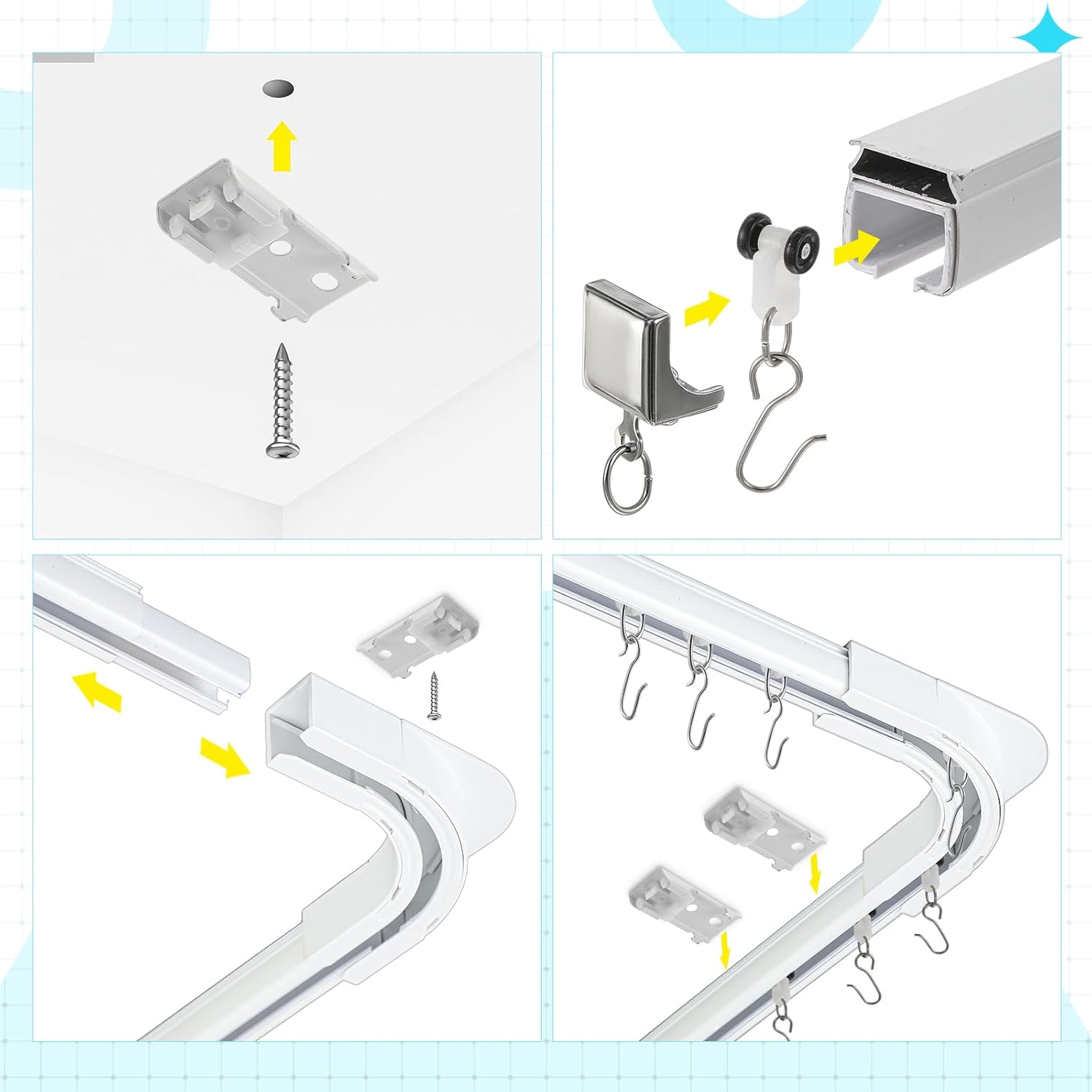 Juexica 3ft-13ft / 4 Meter Curtain Track Set with 90 Degree Corner Bends, Ceiling or Wall Mount, Aluminum Heavy Duty Ceiling Mount Adjustable Length Curtain Rails with Rods Clips Hooks (White)