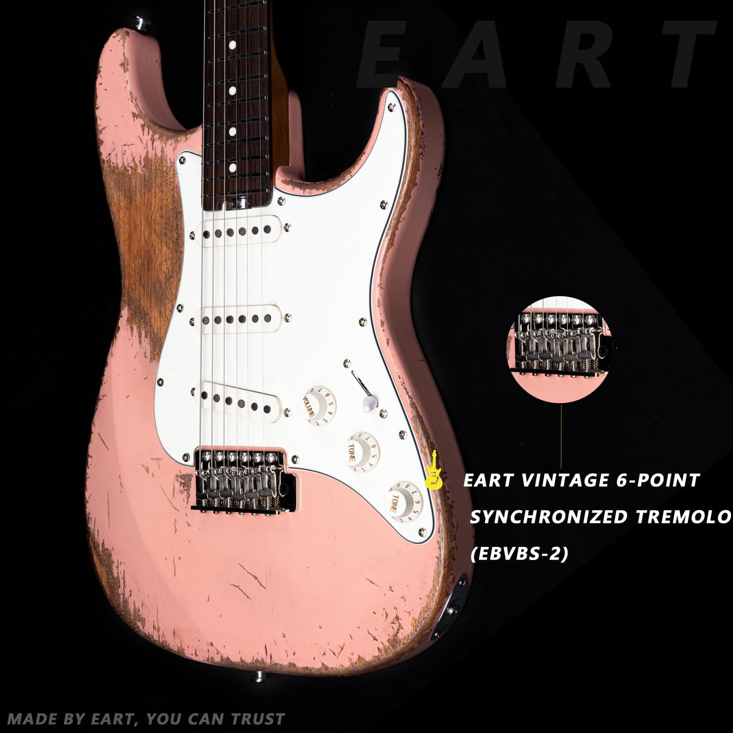 EART Vintage-VS60H 6 String Medium Relic Solid-Body Guitar-Full Size Roasted Rosewood Relic Finish VS60 Pickups 6-Point Synchronized Tremolo Bridge Electric Guitar for Blues, Classics,Right Hand