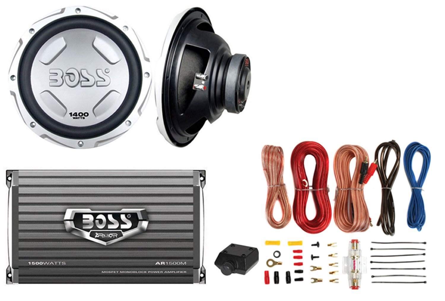 2 BOSS Audio Chaos CX122 12-Inch 1400 Watt Car Power Subwoofer Sub and AR1500M Armor Series 1500 Watt Mono Amplifier and Amplifier Installation Kit