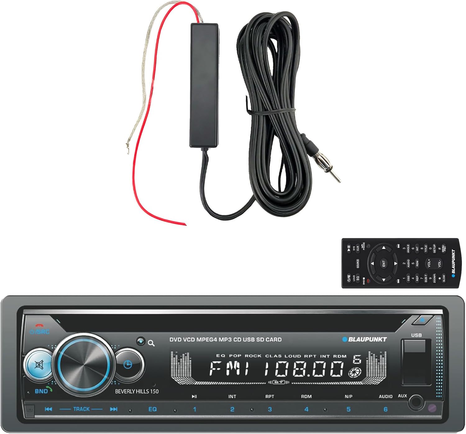 Blaupunkt Hamburg Single DIN Retro Classic Bluetooth USB/AUX AM/FM Radio Stereo Receiver, 12V Stereo Radio Antenna Black Signal Reception Amplifier Booster Kit